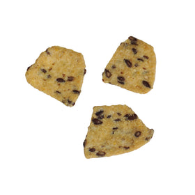 Hampton Distribution salted corn chips with flax crumbs closeup, showcasing texture and flax specks.