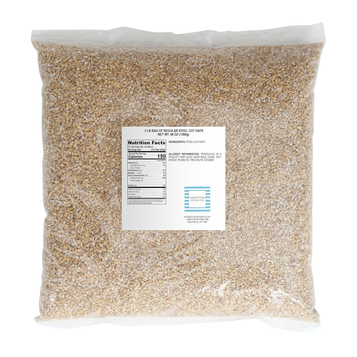 Hampton Distribution Steel Cut Oats with label visible for ingredient transparency and quality.