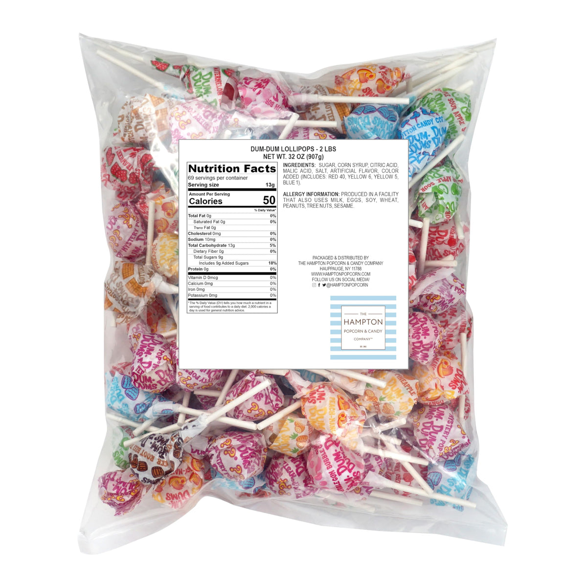 Close-up of the 2 lb bag label showing size and flavors.
