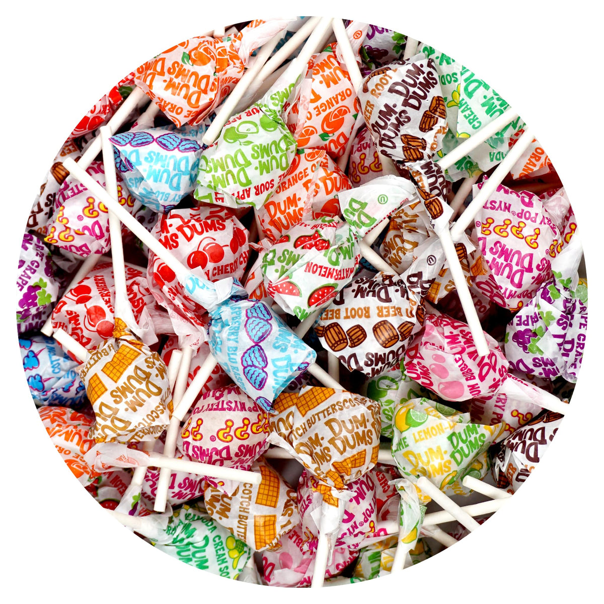 The Hampton Popcorn Company Dum Dums Original Mix lollipops in a 1 lb bag for parties.