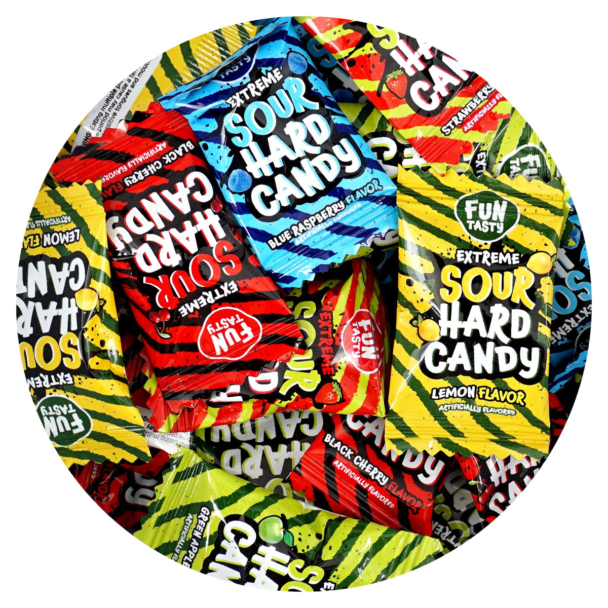 The Hampton Candy Company Extreme Sour Hard Candy bulk bag with assorted flavors for sharing.