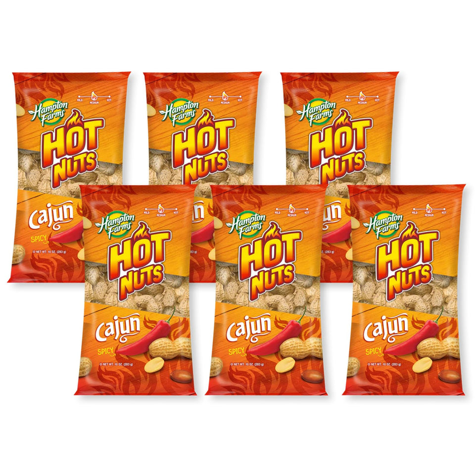 Hampton Farms Cajun peanuts in-shell closeup, seasoned for bold Louisiana flavor.