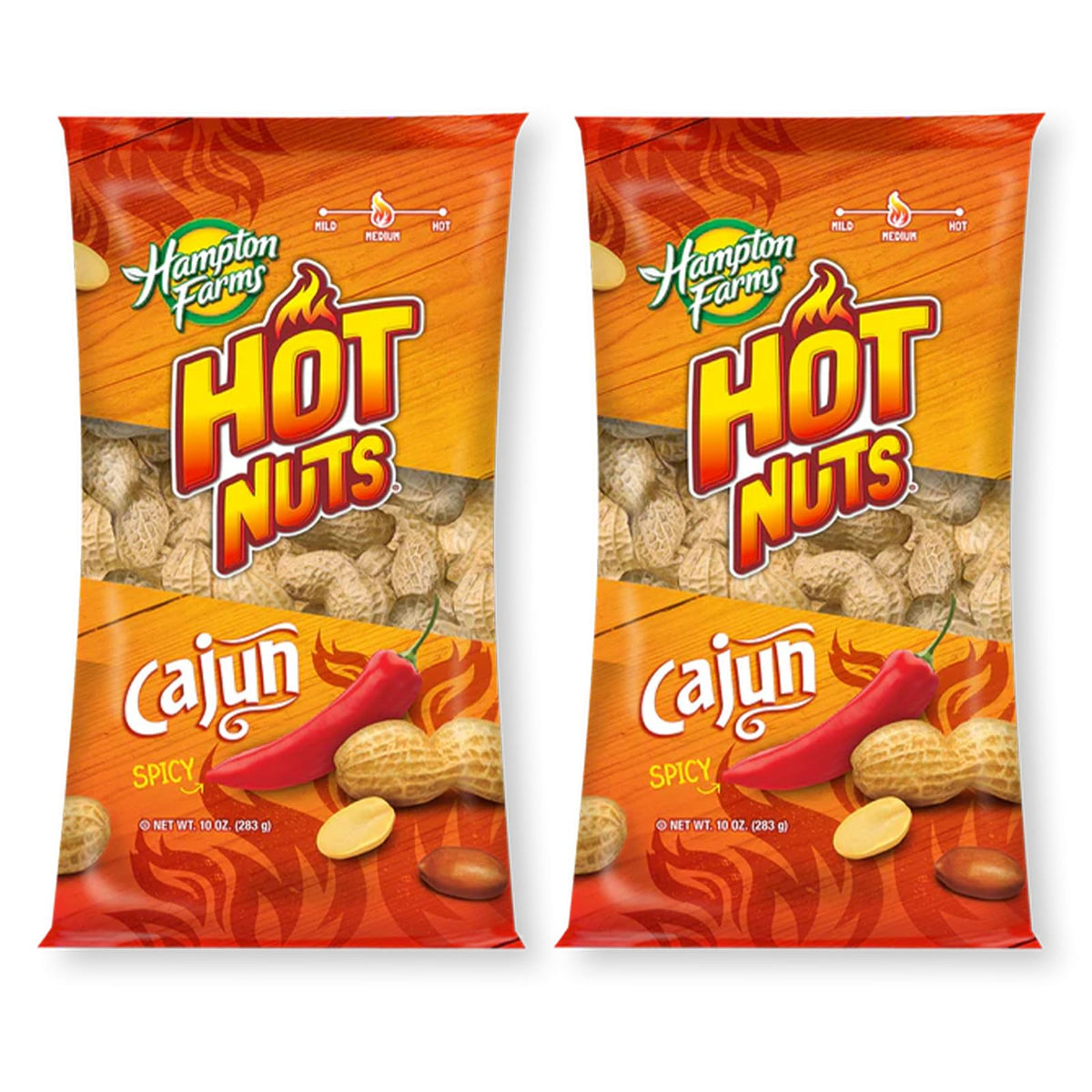 Hampton Farms Cajun Spicy Peanuts pack shot with bold Louisiana flavor, ideal for on-the-go snacking.