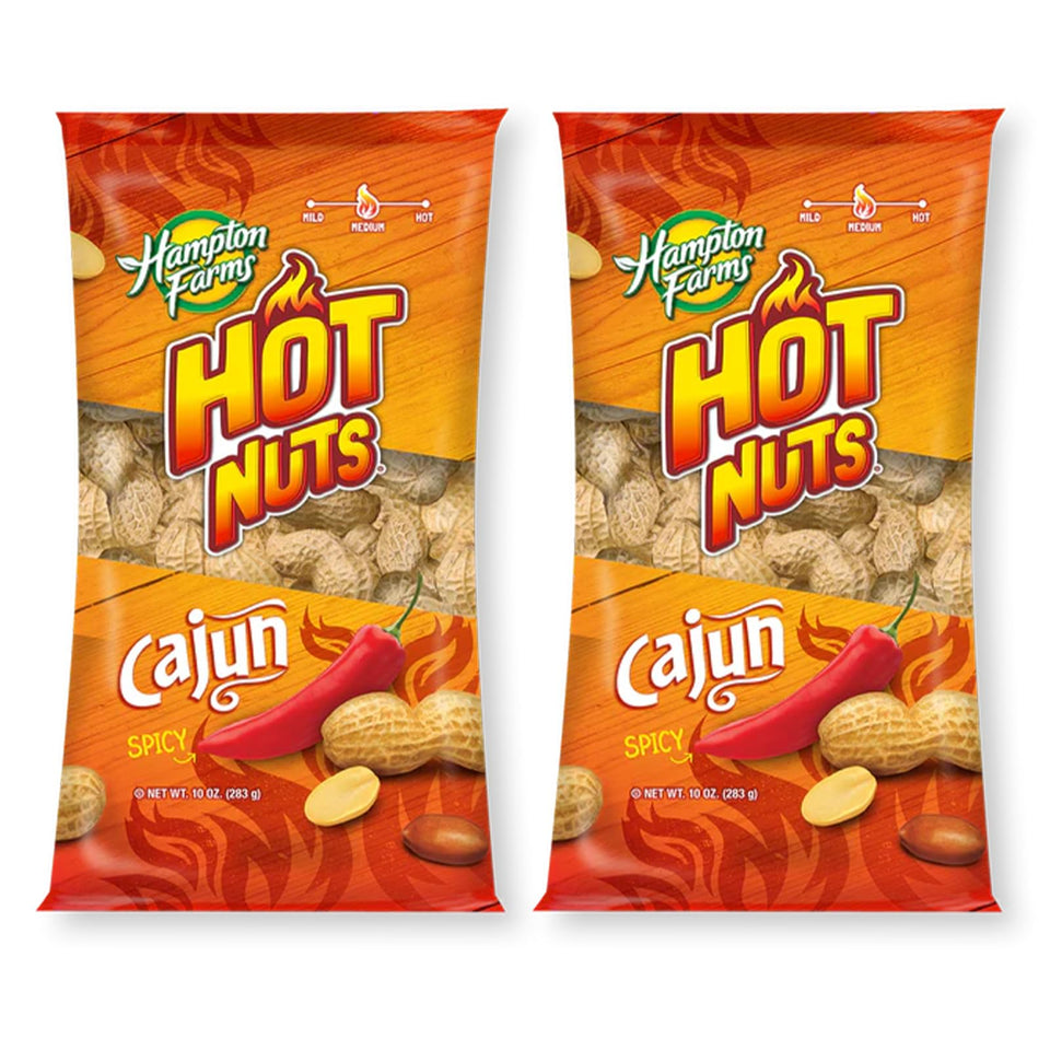 Hampton Farms Cajun Spicy Peanuts pack shot with bold Louisiana flavor, ideal for on-the-go snacking.
