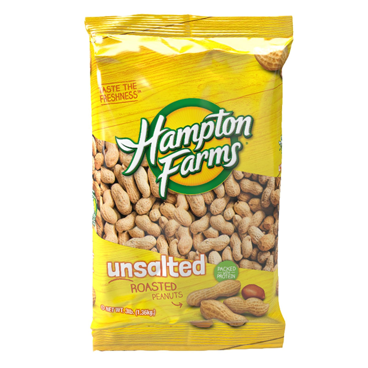 Hampton Farms in-shell roasted unsalted peanuts – close-up showcasing glossy shells and protein-rich appeal.
