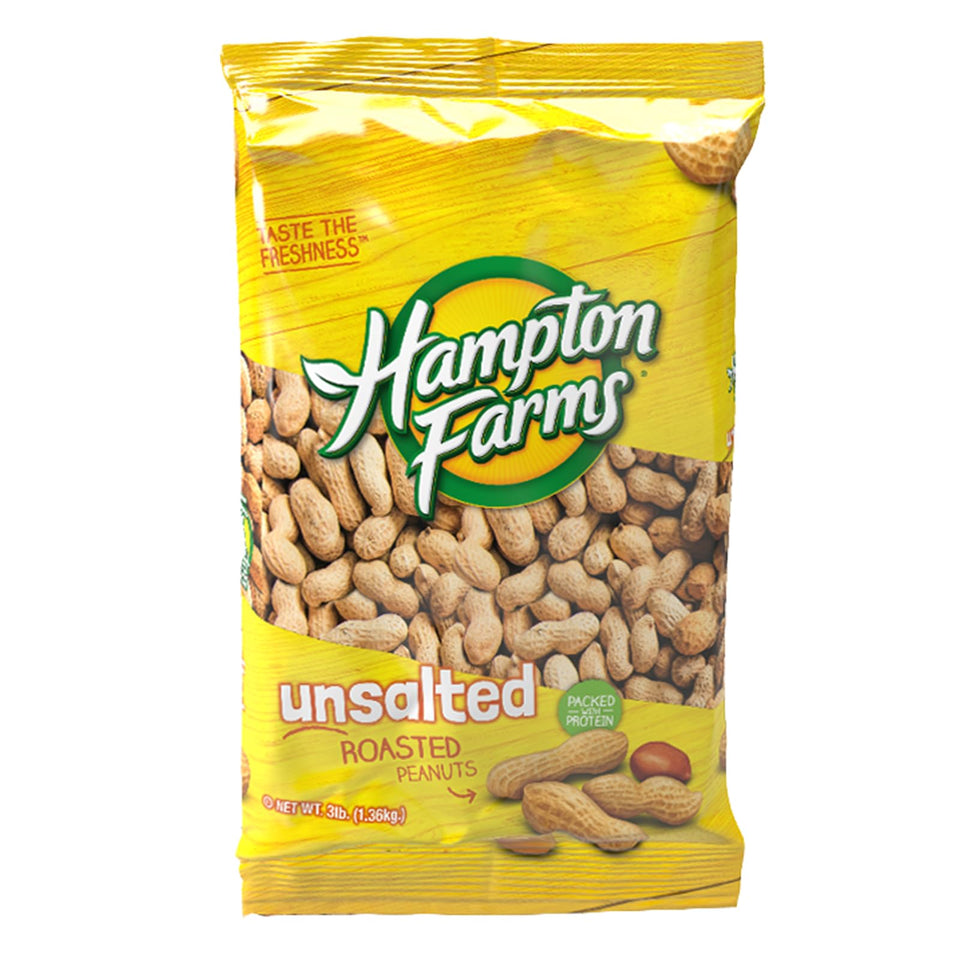 Hampton Farms in-shell roasted unsalted peanuts – close-up showcasing glossy shells and protein-rich appeal.