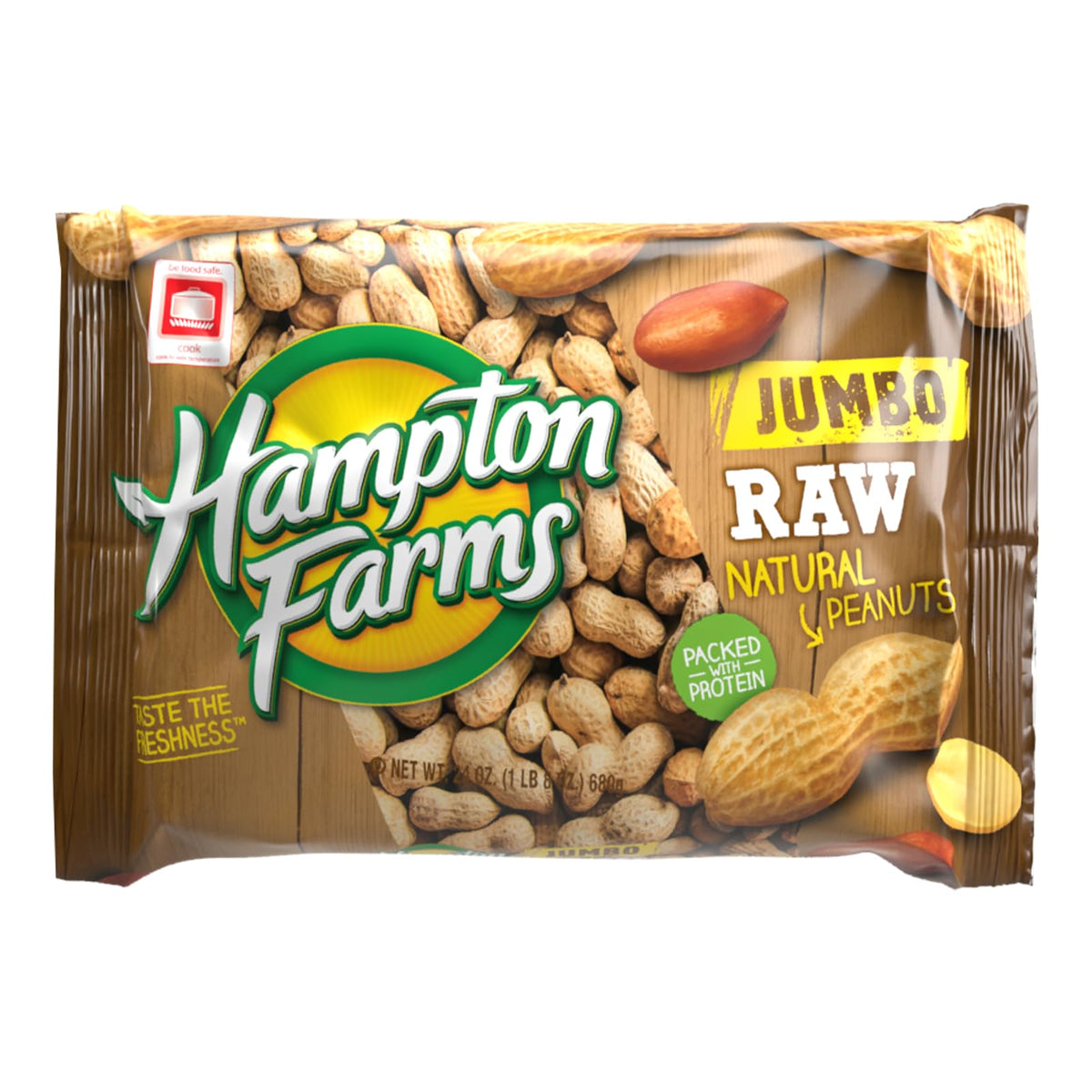 Hampton Farms jumbo raw in-shell peanuts shown in-pack ready for boiling.