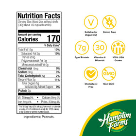 Hampton Farms unsalted in-shell peanuts – bag view highlighting USA-grown quality for everyday snacking.