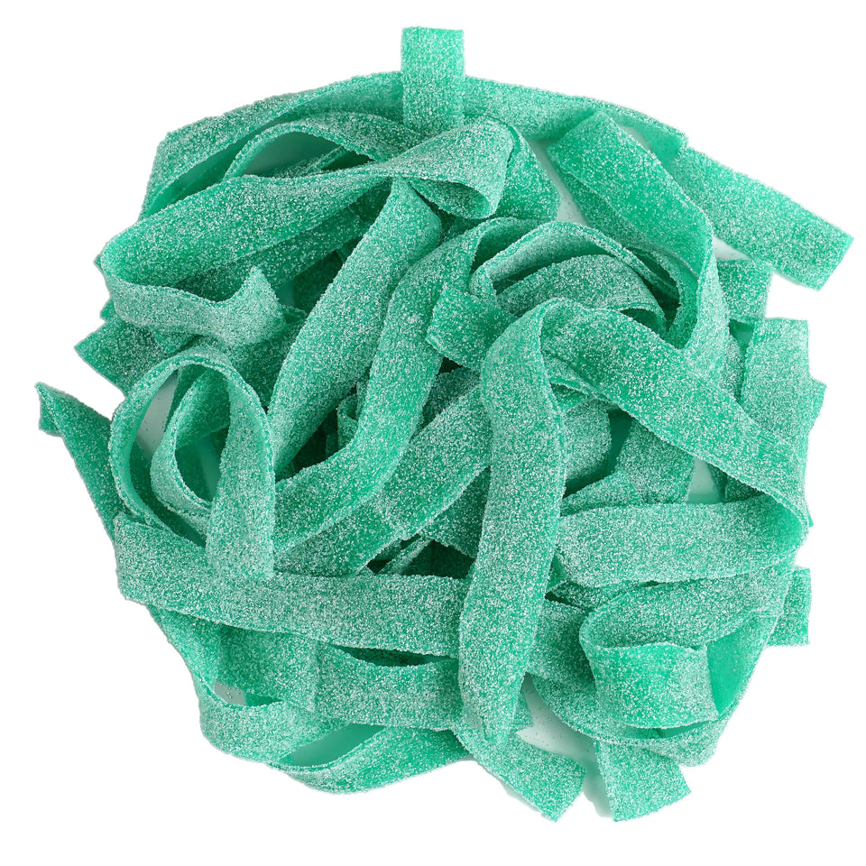 The Hampton Green Apple Sour Belts bulk bag showing tangy chewy candy