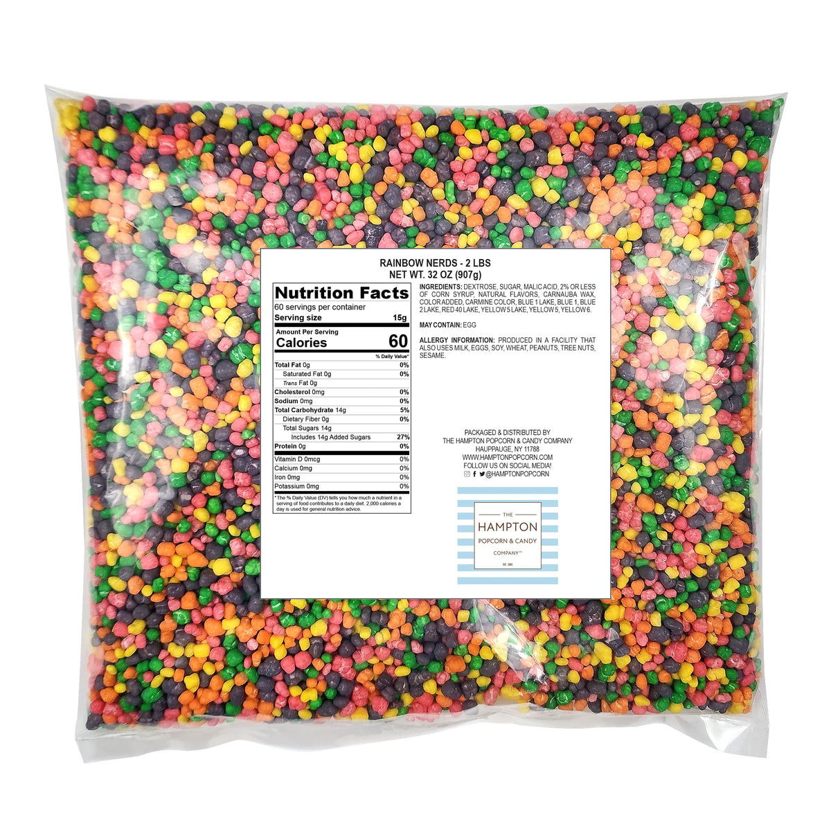 Rainbow fruit-flavored hard candies from The Hampton Popcorn Company brighten parties.