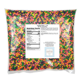Rainbow fruit-flavored hard candies from The Hampton Popcorn Company brighten parties.