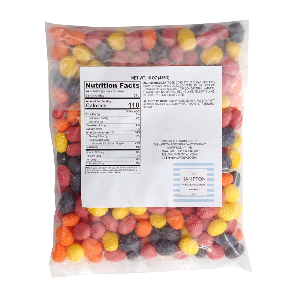 The Hampton Popcorn Company big chewy candy bulk bag closeup shows fruity centers.