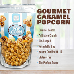 Glossy caramel coating highlights indulgent texture on The Hampton Popcorn Company popcorn