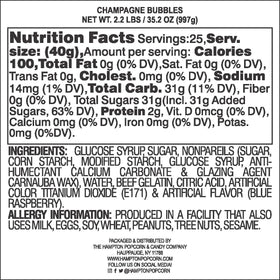 Heat exposure warning helps keep candies intact during delivery for The Hampton Popcorn Champagne Bubbles.