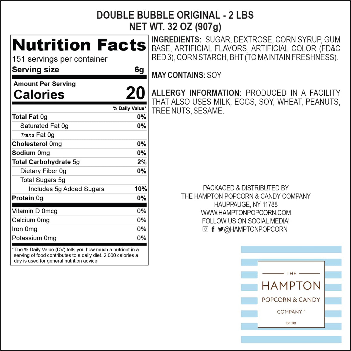 The Hampton Popcorn Company packaging detail for Dubble Original Bubble Gum.