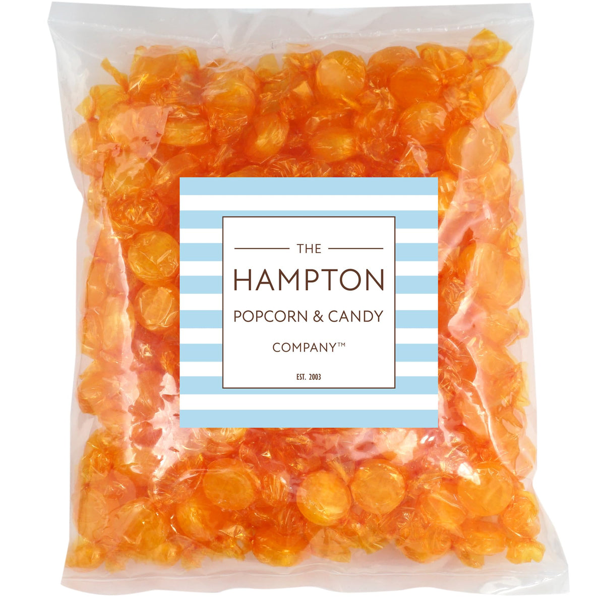 Butterscotch candy discs, individually wrapped, by The Hampton Popcorn Company for fresh snacking.