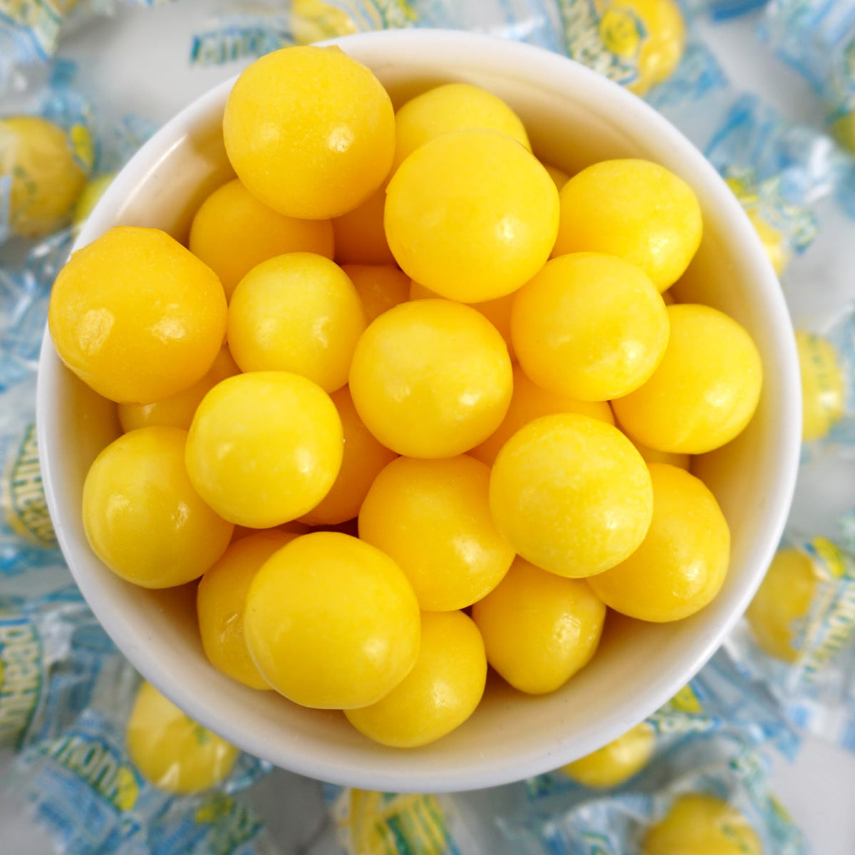 The Hampton Popcorn Company Lemonheads add visual appeal to party bowls.