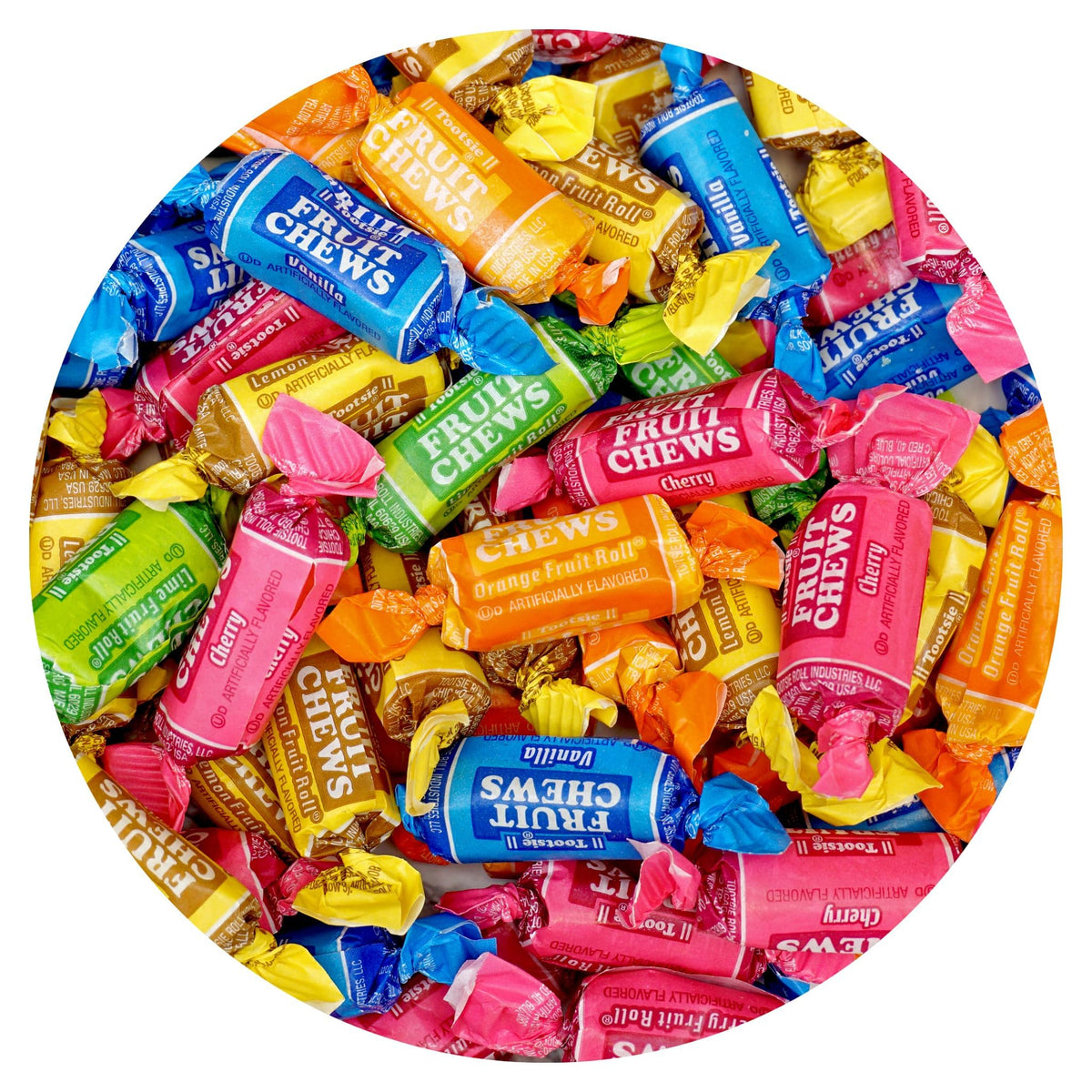 The Hampton Popcorn Company Fruit Chews bulk bag front view, convenient party snack