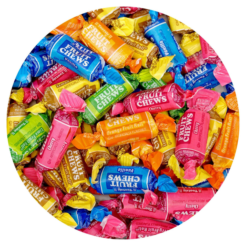 The Hampton Popcorn Company Fruit Chews bulk bag front view, convenient party snack