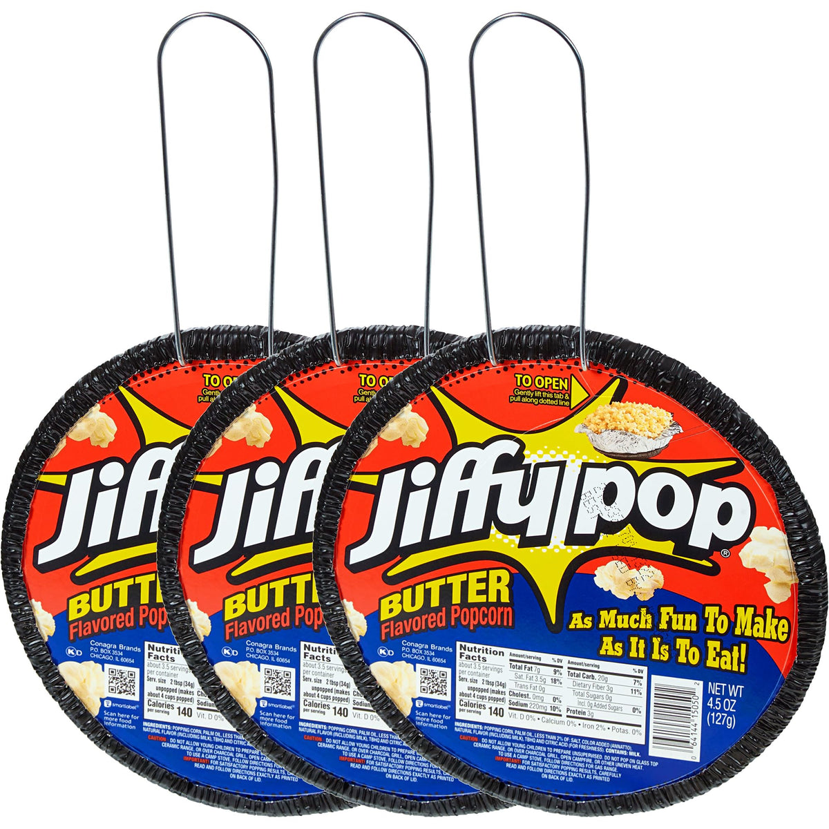 The Hampton Popcorn Company Jiffy Butter 3-pack packaging ideal for sharing.