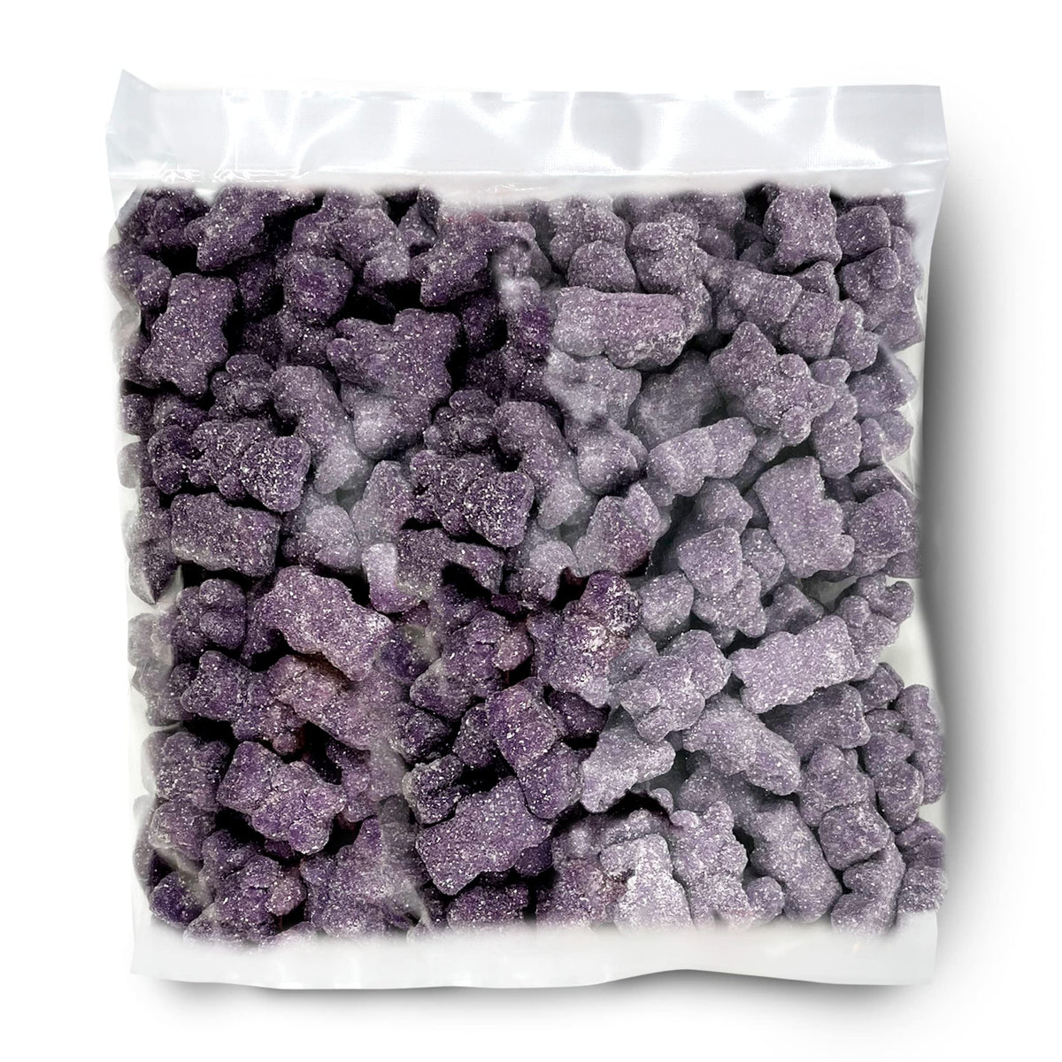 The Hampton Popcorn Company purple gummy bears close-up showing glossy texture.