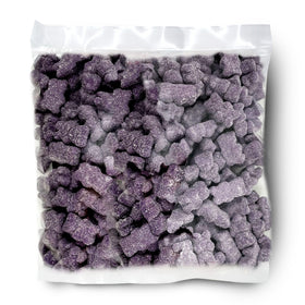 The Hampton Popcorn Company purple gummy bears close-up showing glossy texture.