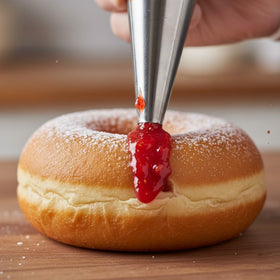 Hampton Distribution strawberry pie filling 2lb bag open showing piping-friendly packaging.