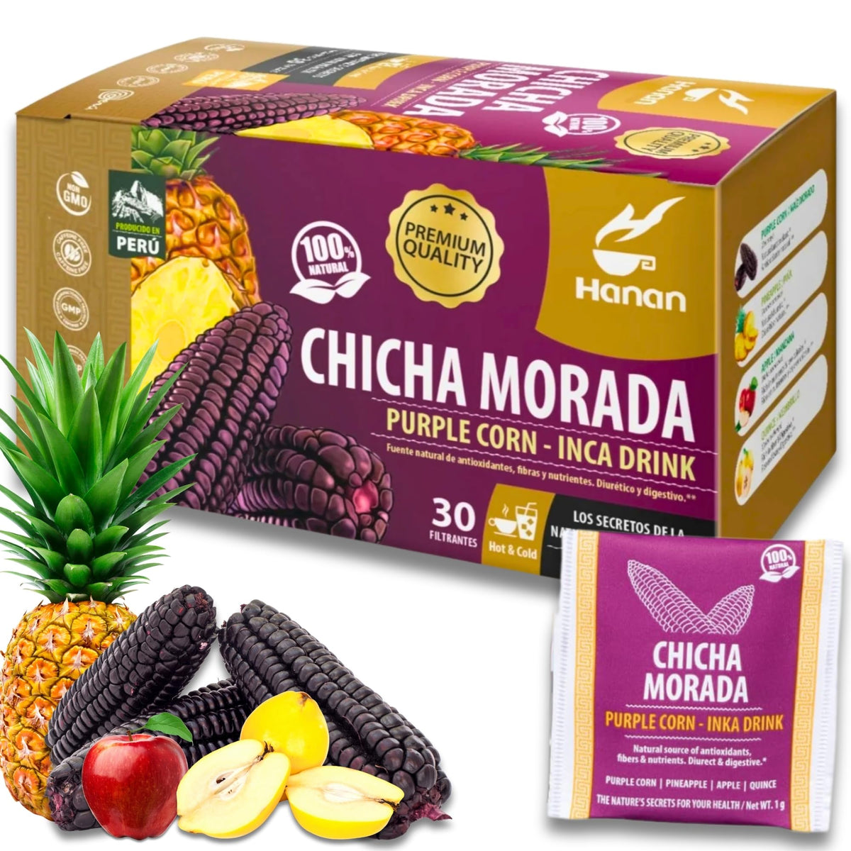 HANAN Chicha Morada tea being poured for a refreshing Peruvian experience.
