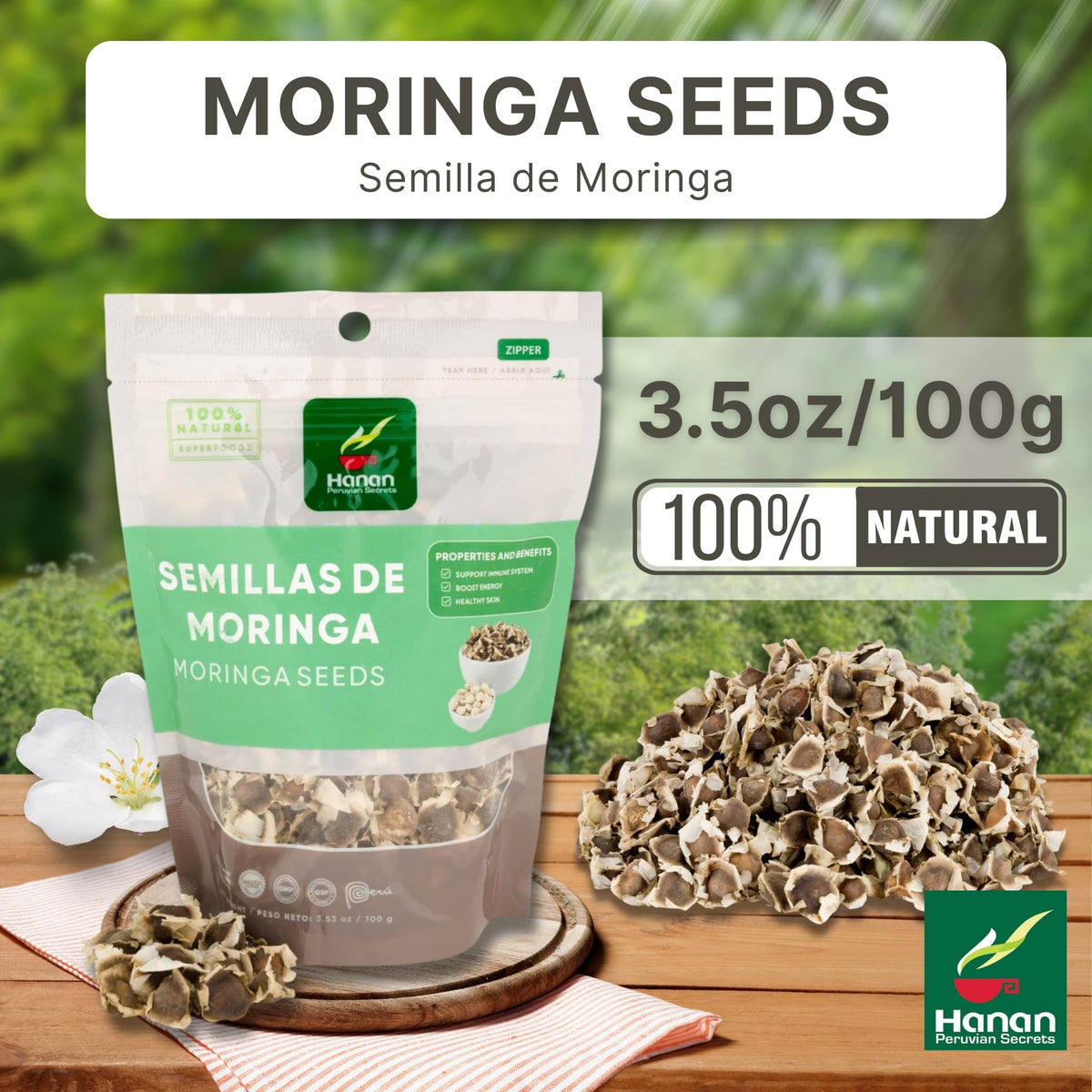 Hanan Moringa seeds in a bowl, ideal for smoothies or raw snacking