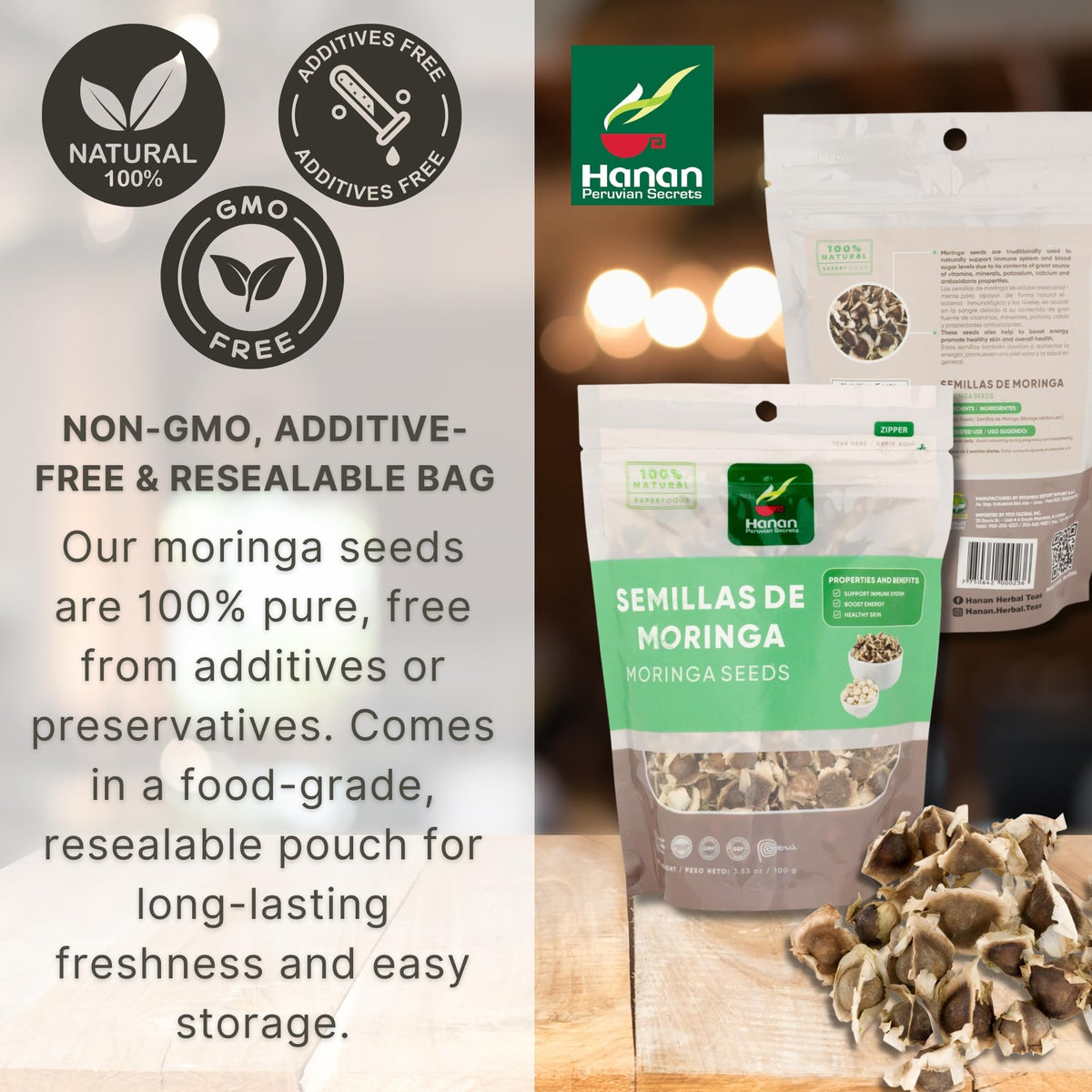 Hanan Moringa seeds with smoothie idea for a nutritious daily boost