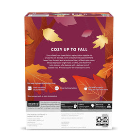 Hand holding a cup of Starbucks Fall Blend suggests quick, comforting moments.