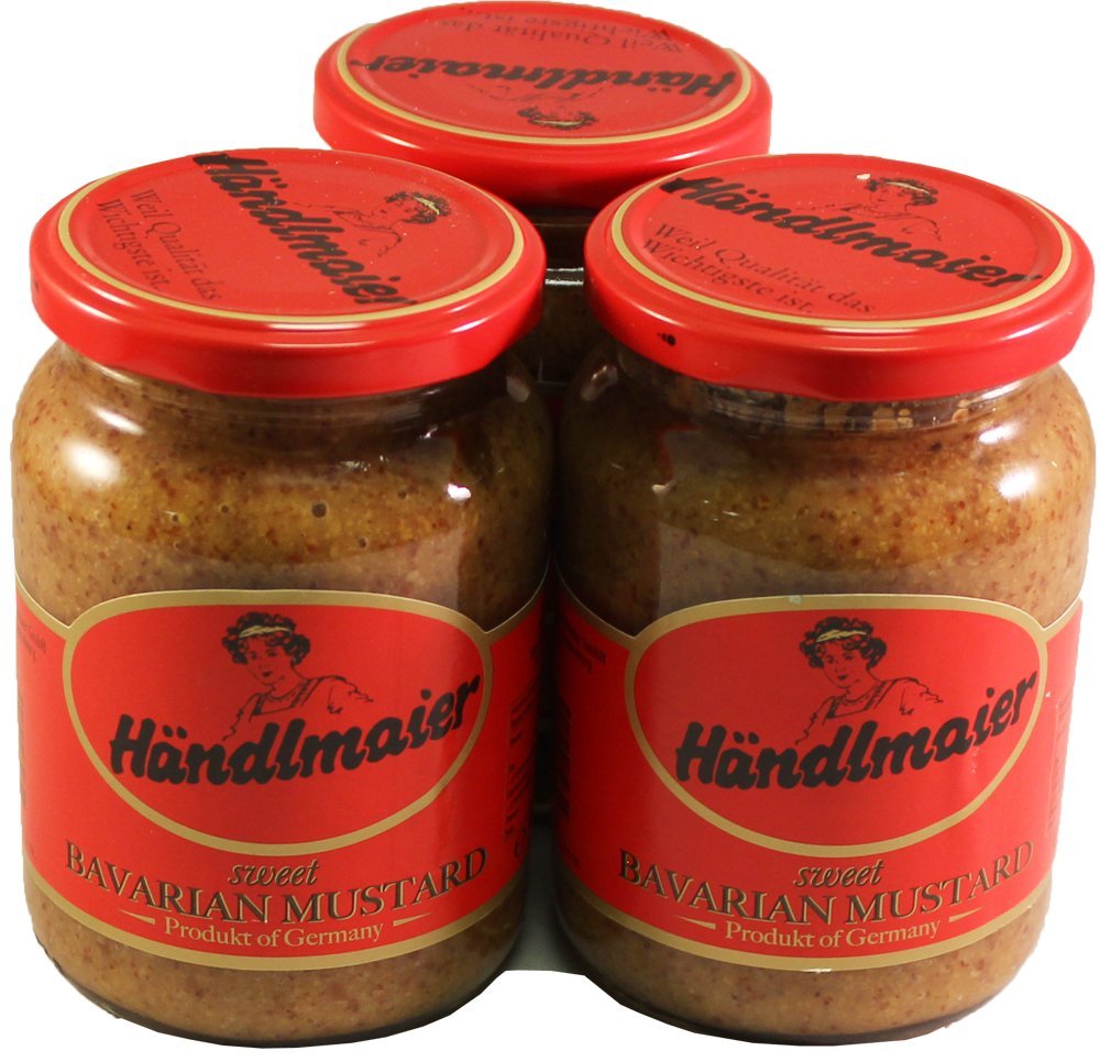 Handlmaier Sweet Bavarian Mustard jar enhances Weisswurst and pretzel pairings.