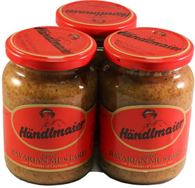 Handlmaier Sweet Bavarian Mustard jar enhances Weisswurst and pretzel pairings.