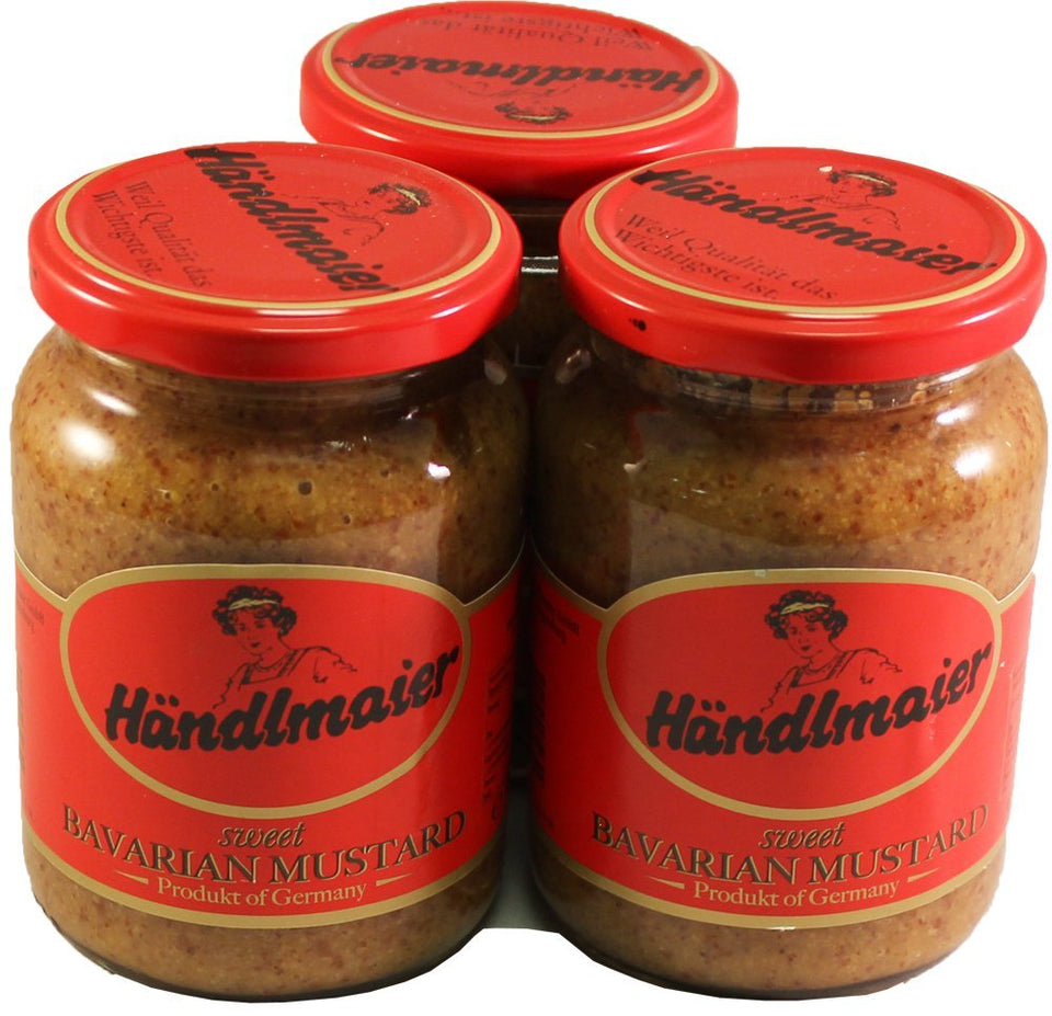 Handlmaier Sweet Bavarian Mustard jar enhances Weisswurst and pretzel pairings.