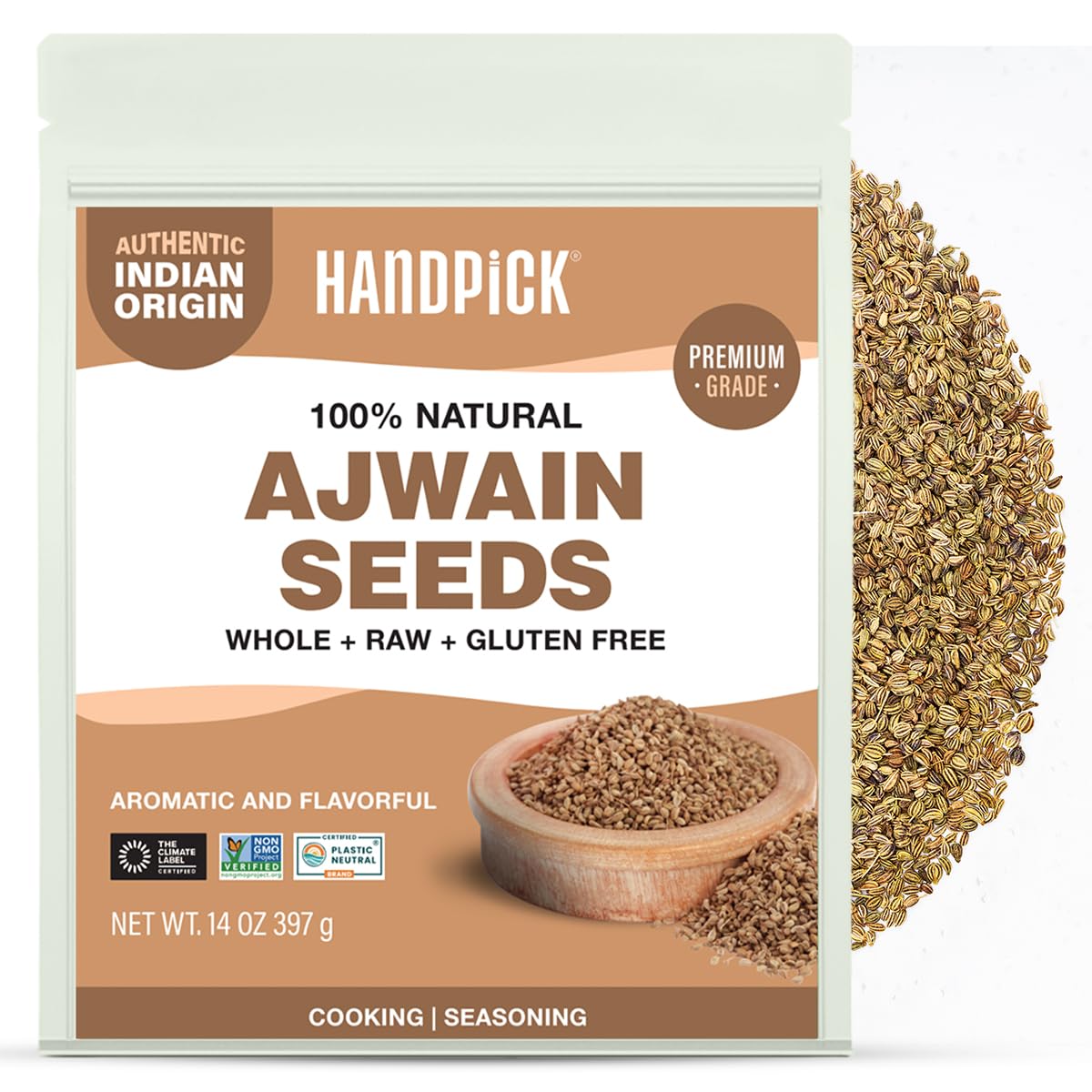 HANDPICK Ajwain seeds whole 397g packfront, authentic Indian spice for bold dishes