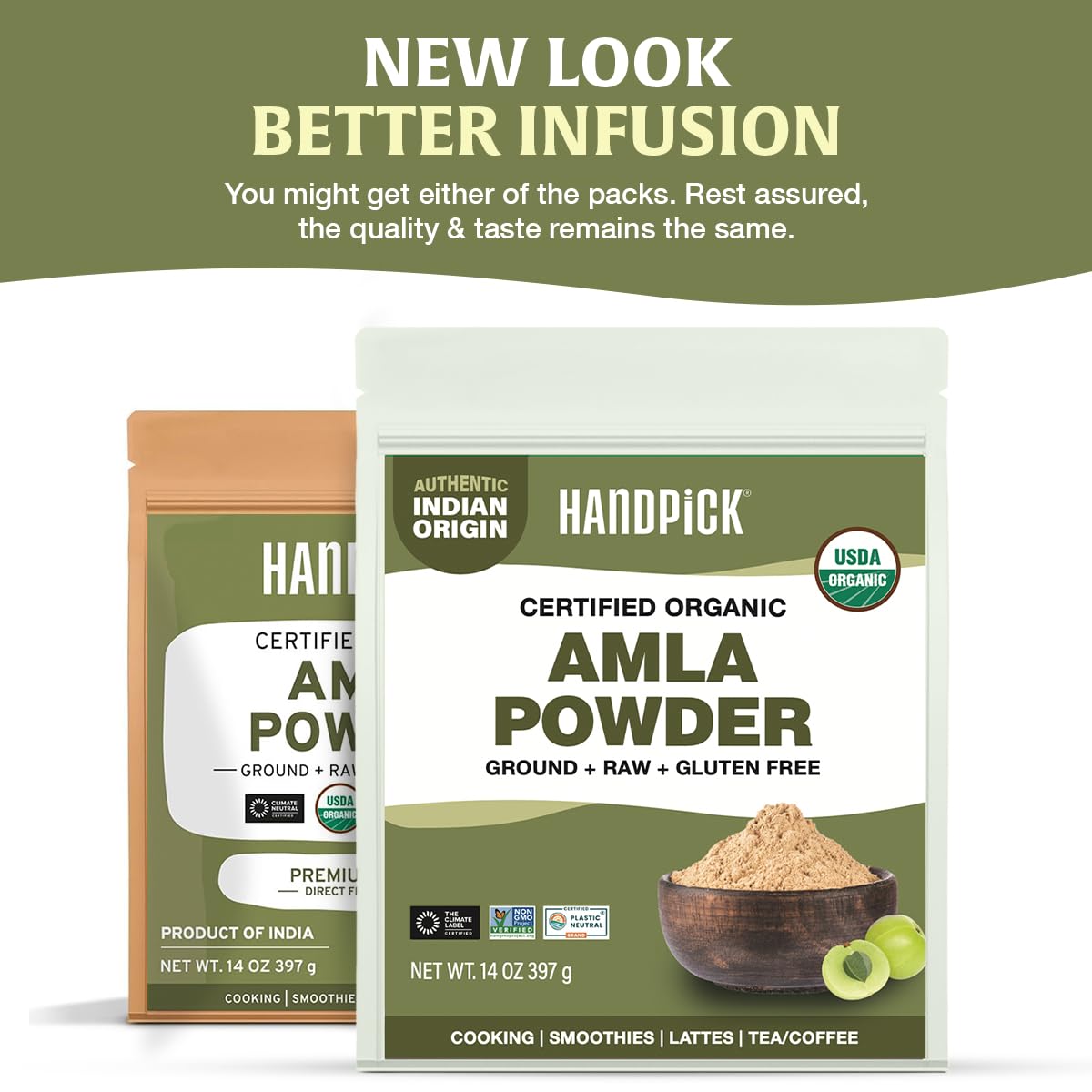 HANDPICK Amla powder jar back label shows origin and purity information.