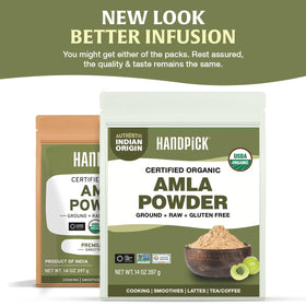 HANDPICK Amla powder jar back label shows origin and purity information.