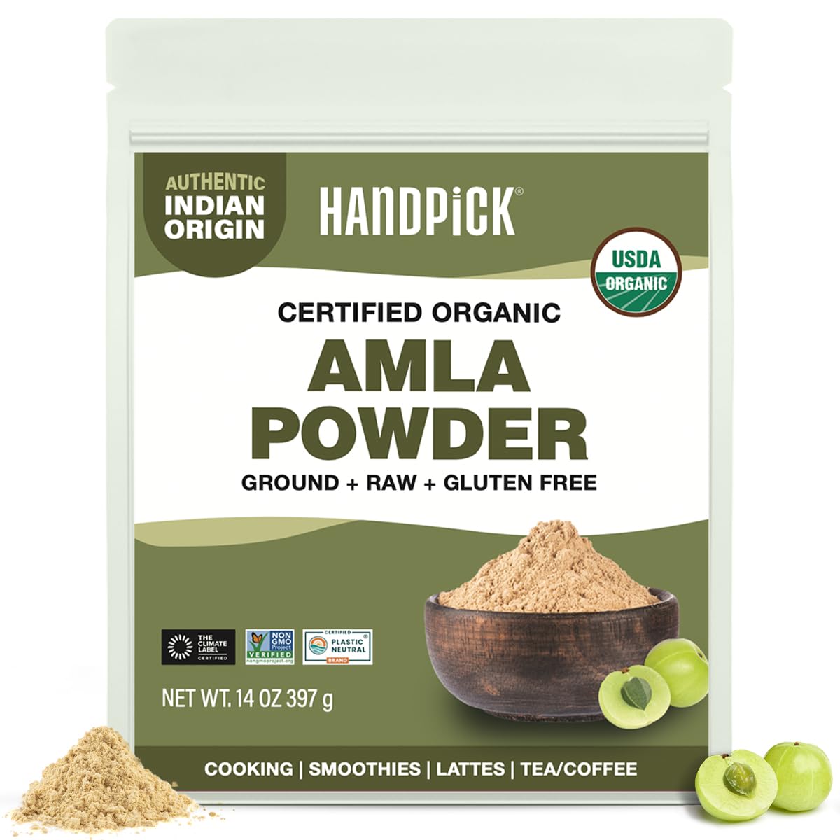 HANDPICK Amla powder jar front view highlights premium packaging and freshness.