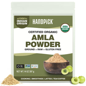 HANDPICK Amla powder jar front view highlights premium packaging and freshness.
