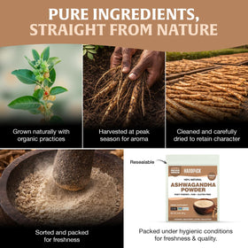 HANDPICK Ashwagandha powder bottle label shows gluten-free and non-GMO claims.