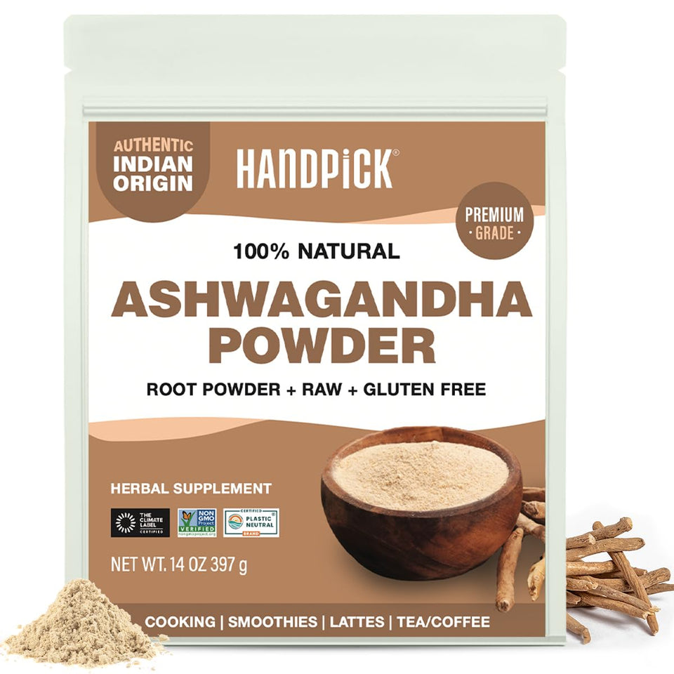 HANDPICK Ashwagandha root powder in jar with earthy texture for daily use.