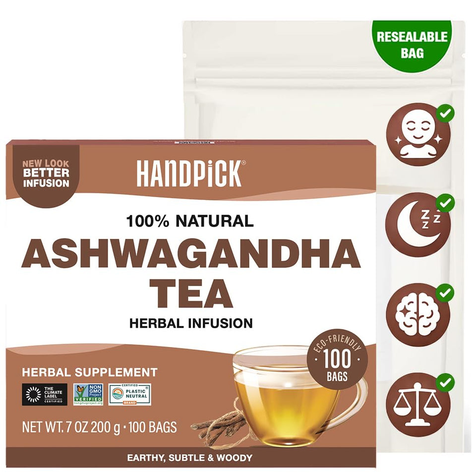 HANDPICK Ashwagandha tea bags packaging highlights eco-friendly design for easy daily brewing.