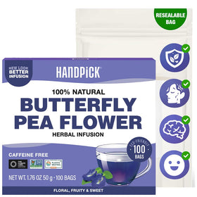 HANDPICK Butterfly Pea Tea bag steeping reveals vibrant blue hues for colorful beverages.