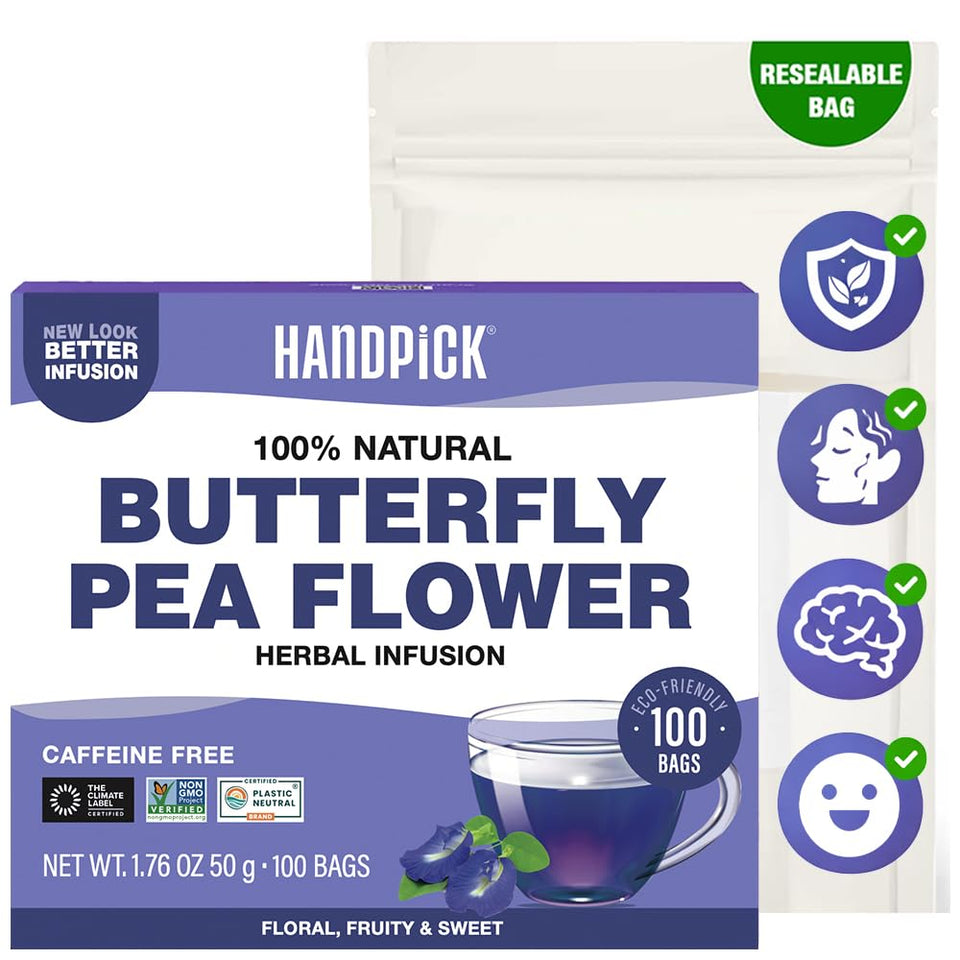 HANDPICK Butterfly Pea Tea bag steeping reveals vibrant blue hues for colorful beverages.