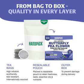 HANDPICK Butterfly Pea Tea caffeine-free blend suits relaxing evenings and any time of day.