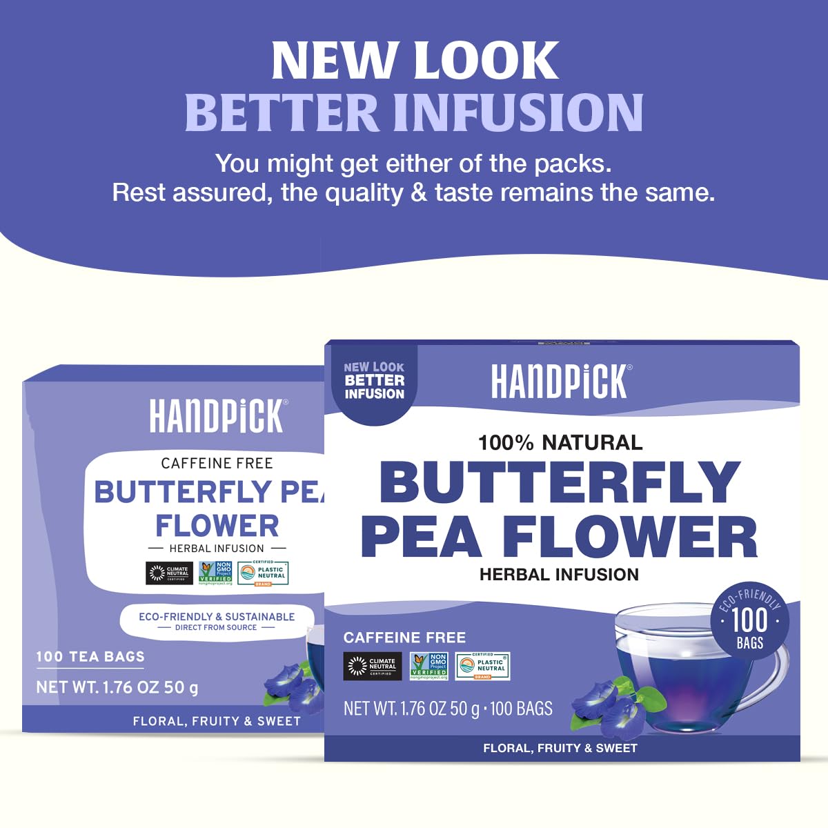 HANDPICK Butterfly Pea Tea color-changing brew shifts blue to purple for imaginative drinks.