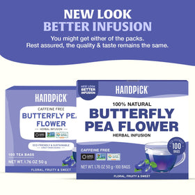 HANDPICK Butterfly Pea Tea color-changing brew shifts blue to purple for imaginative drinks.