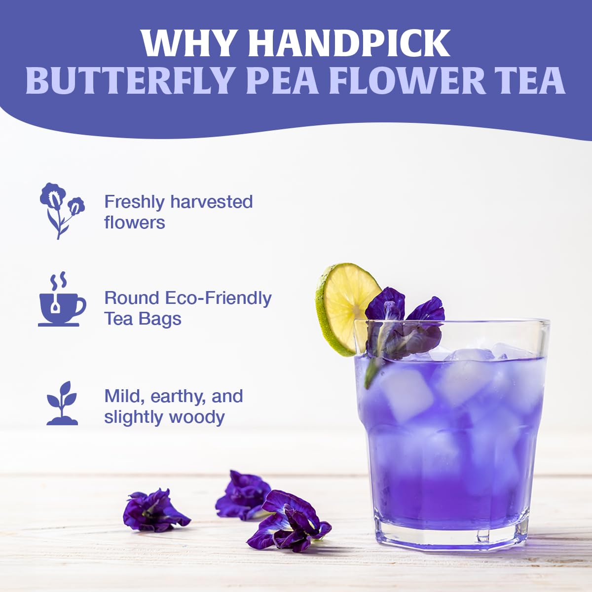 HANDPICK Butterfly Pea Tea served over ice creates refreshing iced teas and coolers.
