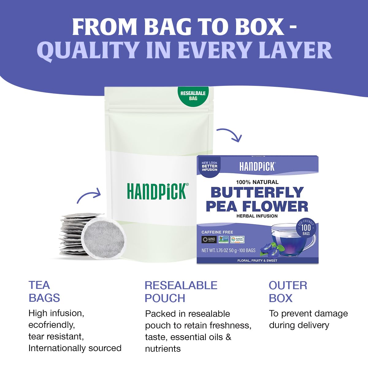 HANDPICK Butterfly Pea Tea bag infusion delivers vivid color without artificial additives.