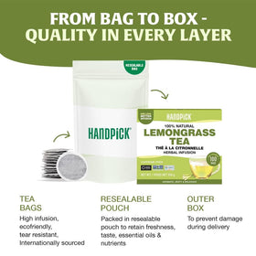 HANDPICK Lemongrass Tea Bags label highlighting carbon- and plastic-neutral initiatives.